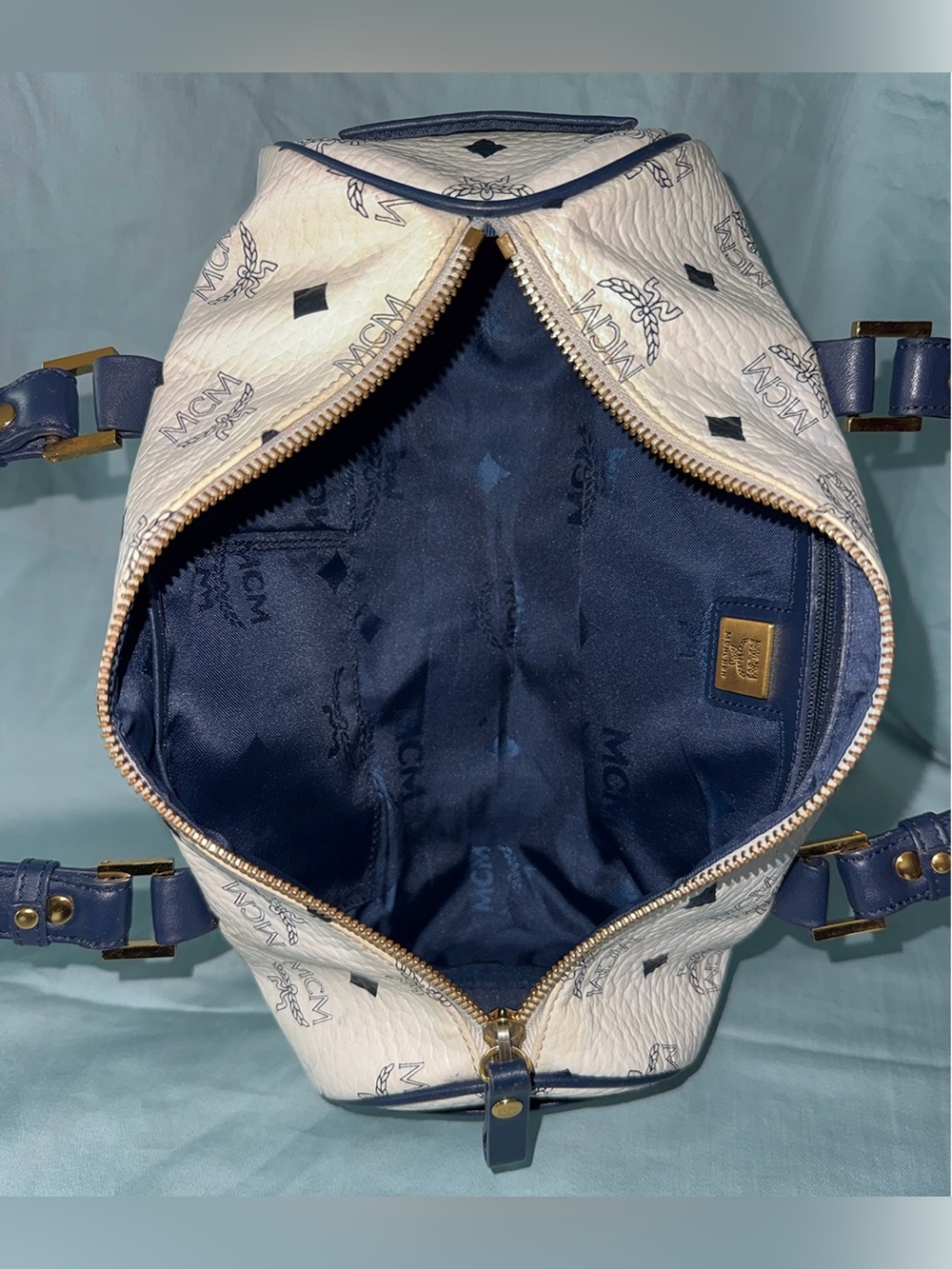 MCM Authentic White&Navy Visetos Logo Barrel Bag Navy Straps&Gold Tone Hardware - Picture 7 of 13